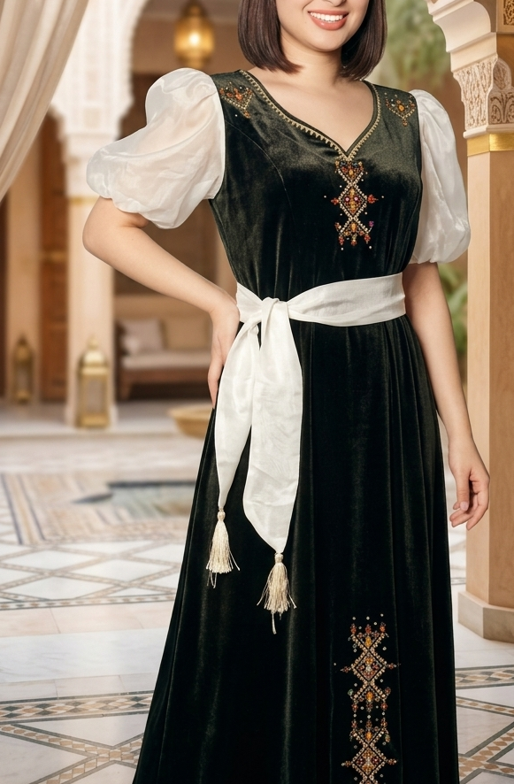 Robe amazigh en velours perlée – Élégance authentique et raffinée